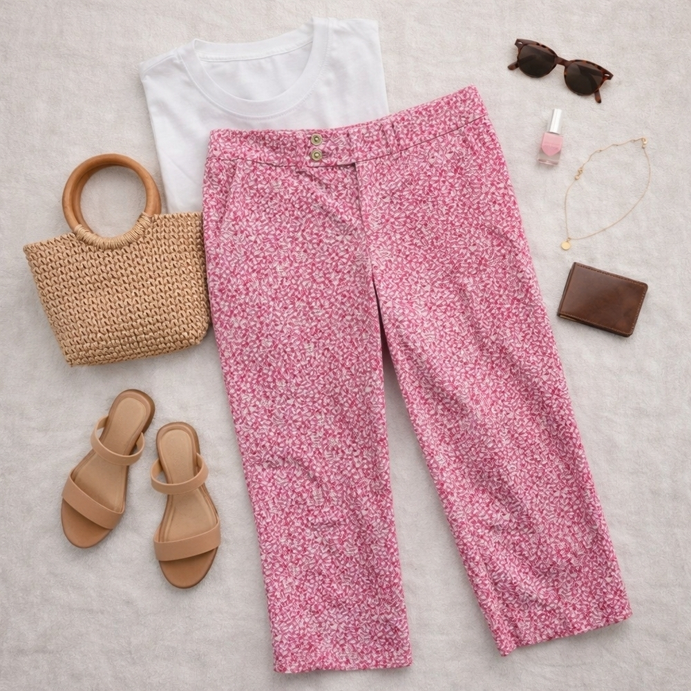 Lilly Pulitzer Pink and White Floral Cropped Pants/peddle Pushers. Ladies Sz 10